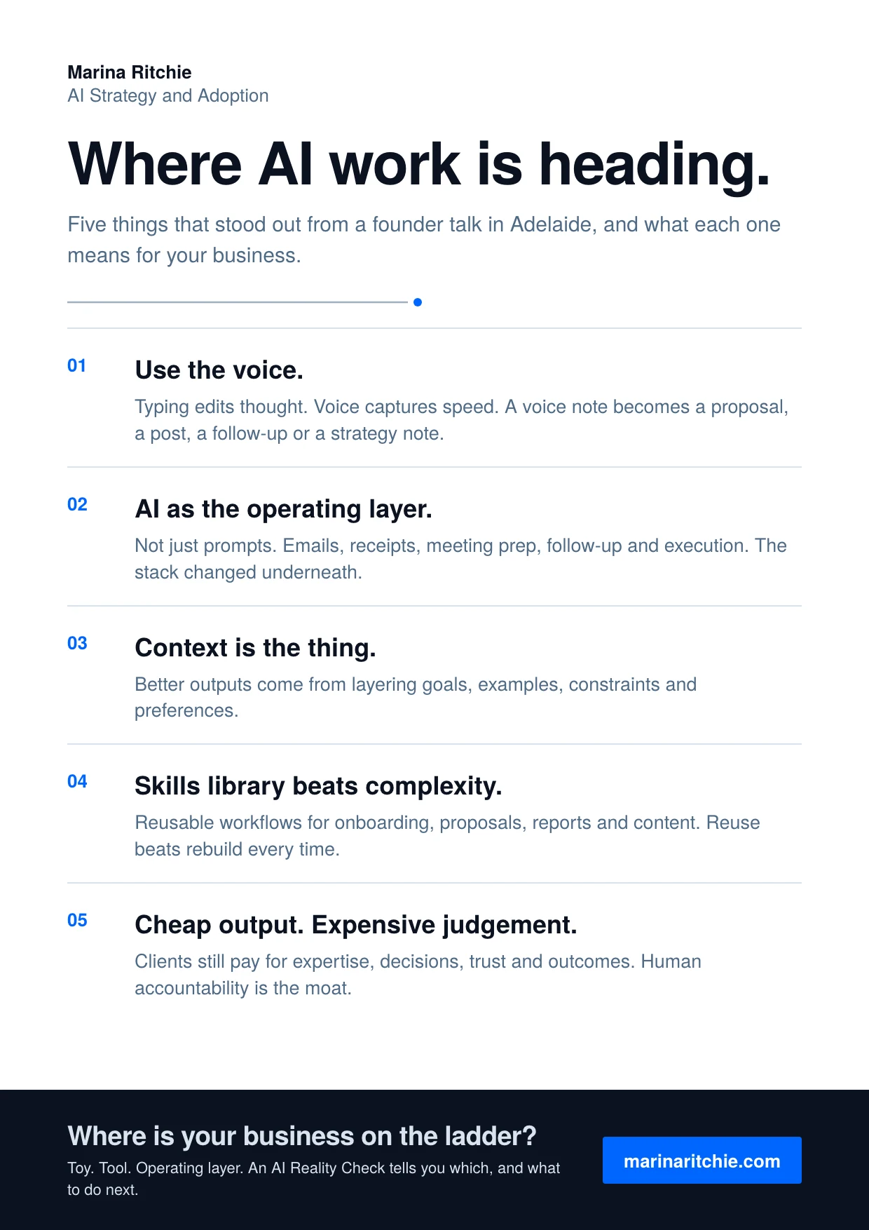 A4 flyer: Where AI work is heading. Five numbered points and a navy band inviting an AI Reality Check.